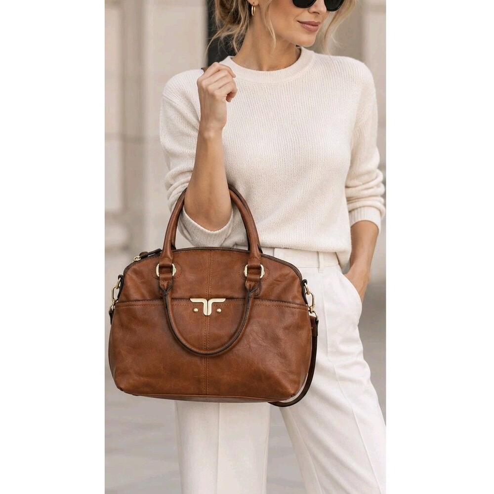 BUENO Brown Faux Leather Satchel Bag Large Tote Crossbody Gold Hardware